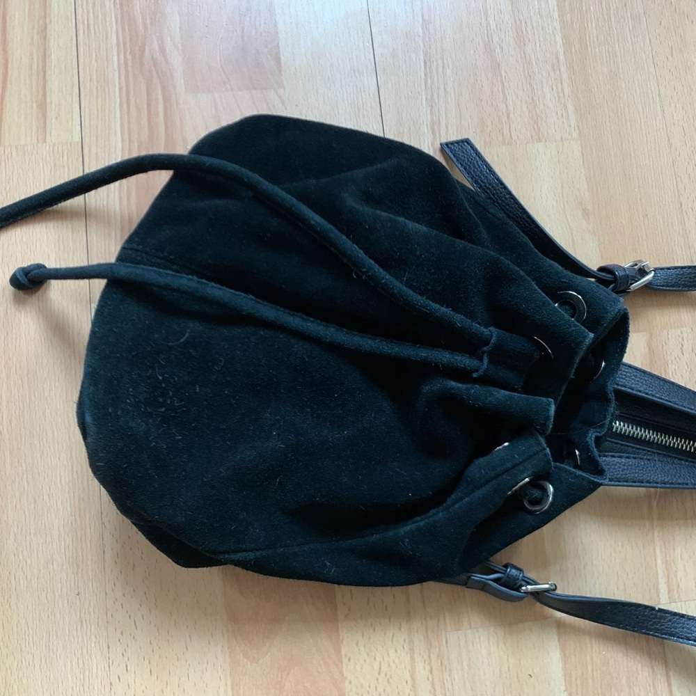 Y2K Black real Suede Drawstring purse Backpack with leather trim silver hardware - Picture 2 of 7